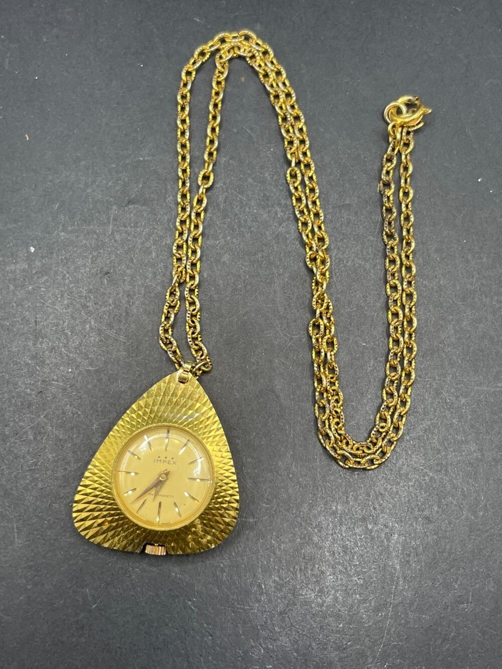 Vtg Impex Mechanical Wind Up Necklace Pendant Watch Gold Tone Swiss Made 30mm